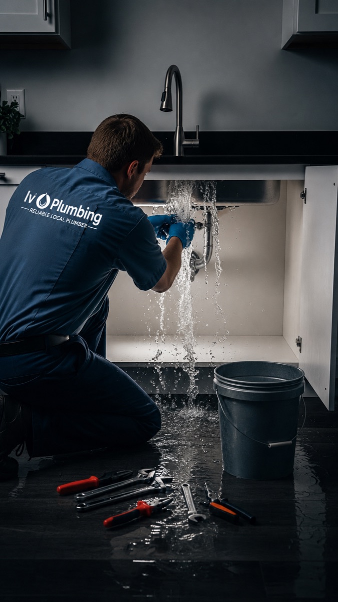 Emergency plumbing repair — fixing a leaking pipe under a kitchen sink in Lurgan